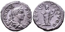 Caracalla, 198-217. AR Denarius. Rome. Obv: ANTONINVS PIVS AVG Laureate and draped bust right. Rev: FELICITAS AVGG Felicitas standing facing, head lef...