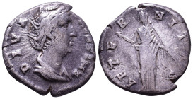 Diva Faustina I, 140-141. AR Denarius. Rome. Obv: DIVA FAVSTINA Draped bust right. Rev: AETERNITAS Aeternitas (or Juno) standing facing, head left, ra...