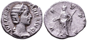 Julia Mamaea. Augusta, 222-235. AR Denarius. Rome. Obv: IVLIA MAMAEA AVG Diademed and draped bust right. Rev: VESTA Vesta standing to left, holding pa...