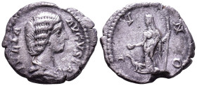 Julia Domna. Augusta, 193-211. AR Denarius. Rome. Obv: IVLIA AVGVSTA Bust of Julia Domna, hair waved and coiled at back, draped, right. Rev: IVNO Juno...