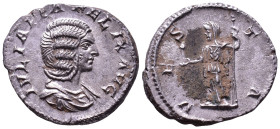 Julia Domna. Augusta, 193-211. AR Denarius. Rome. Obv: IVLIA PIA FELIX AVG Draped bust right. Rev: VESTA Vesta standing left, holding sceptre and pall...
