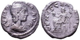 Julia Paula. Augusta, 219-220. AR Denarius. Rome. Obv: IVLIA PAVLA AVG Draped bust right. Rev: VENVS GENETRIX Venus seated left on throne, holding app...