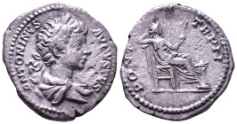 Caracalla, 198-217. AR Denarius. Rome. Obv: ANTONINVS AVGVSTVS Laureate, draped and cuirassed bust of Caracalla to right, seen from behind. Rev: PONT ...