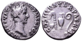 Nerva, 96-98. AR Denarius. Rome. Obv: IMP NERVA CAES AVG P M TR POT Laureate head right. Rev: COS III PATER PATRIAE Priestly emblems: simpulum, asperg...