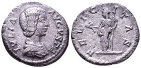 Julia Domna. Augusta, 193-211. AR Denarius. Rome. Obv: IVLIA AVGVSTA Draped bust right. Rev: FELICITAS Felicitas standing left, holding caduceus and s...