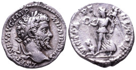 Septimius Severus, 193-211. AR Denarius. Laodicea ad Mare. Obv: L SEPT SEV AVG IMP XI PART MAX Laureate head right. Rev: VICT PARTHICAE Victory advanc...