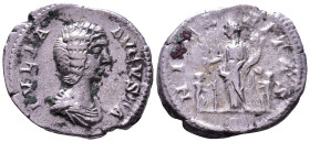 Julia Domna. Augusta, 193-211. AR Denarius. Rome. Obv: IVLIA AVGVSTA Draped bust to right. Rev: HILARITAS Hilaritas standing left, holding palm frond ...