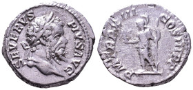 Septimius Severus, 193-211. AR Denarius. Rome. Obv: SEVERVS PIVS AVG Laureate head right. Rev: P M TR P XIII COS III P P Virtus standing left, holding...