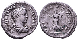 Caracalla, 198-217. AR Denarius. Rome. Obv: ANTONINVS PIVS AVG Laureate and draped bust right. Rev: VICT PART MAX Victory advancing left, holding wrea...