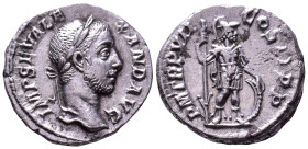 Severus Alexander, 222-235. AR Denarius. Rome. Obv: IMP SEV ALEXAND AVG Laureate head right. Rev: P M TR P VII COS II P P Mars standing right, holding...