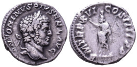 Caracalla, 198-217. AR Denarius. Rome, 213. Obv: ANTONINVS PIVS FEL AVG Laureate head right. Rev: P M TR P XVI COS IIII P P Serapis standing left, wea...