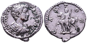 Geta, 198-209. AR Denarius. Rome. Obv: P SEPT GETA CAES PONT Bareheaded and draped bust right. Rev: CASTOR Castor, holding spear, standing left in fro...