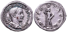 Gordian III, 238-244. AR Denarius. Rome. Obv: IMP GORDIANVS PIVS FEL AVG Laureate, draped and cuirassed bust right. Rev: IOVIS STATOR Jupiter standing...