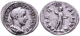 Gordian III, 238-244. AR Denarius. Rome, 240. Obv: IMP GORDIANVS PIVS FEL AVG Laureate, draped and cuirassed bust right. Rev: AETERNITATI AVG Sol stan...