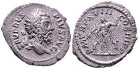 Septimius Severus, 193-211. AR Denarius. Rome. Obv: SEVERVS PIVS AVG Laureate head right. Rev: P M TR P XVII COS III P P Jupiter standing left with sc...
