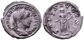Gordian III, 238-244. AR Denarius. Rome, 241. Obv: IMP GORDIANVS PIVS FEL AVG Laureate, draped and cuirassed bust to right. Rev: SALVS AVGVSTI Salus s...