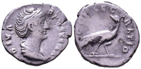 Diva Faustina I, Posthumous issue, after AD 141. AR Denarius. Rome. DIVA FAVSTINA Draped bust of Faustina I to right. Rev: CONSECRATIO Peacock walking...