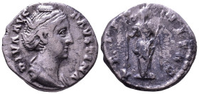Diva Faustina I, 140-141. AR Denarius. Rome. Obv: DIVA AVG FAVSTINA Legend with draped bust right. Rev: AETERNITAS legend with Aeternitas standing fro...