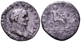 Vespasian, 69-79. AR Denarius. Rome. Obv: IMP CAESAR VESPASIANVS AVG Laureate head right. Rev: PON MAX TR P COS V Vespasian seated right on curule cha...