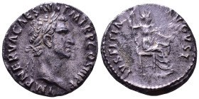 Nerva, 96-98. AR Denarius. Rome, 96. Obv: IMP NERVA CAES AVG P M TR P COS II P P Laureate head of Nerva to right. Rev: IVSTITIA AVGVST Justitia seated...