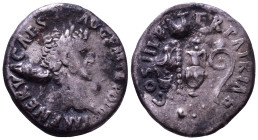 Nerva, 96-98. AR Denarius. Rome, 97. Obv: IMP NERVA CAES AVG PM TR POT II Laureate head right. Rev: COS III PATER PATRIAE Simpulum, aspergillum, ewer,...