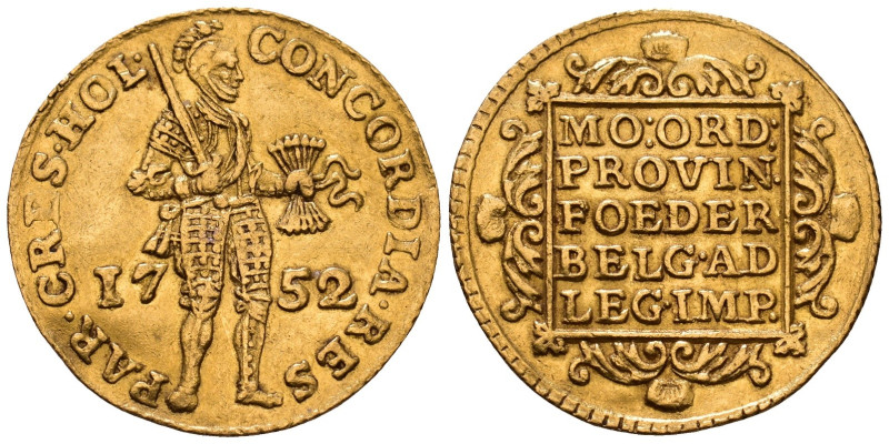 Netherlands. Holland. Gold Ducat. 1752. Obv: CONCORDIA RES PAR CRES HOL. Knight ...