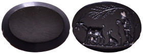 Roman Intaglio Gem. A goatherd with a walking stick under a tree. In front of him, a goat with a kid and a sheepdog. Fine details. 16mm, 1,00g
