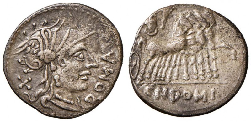 Domitia - Cn. Domitius - Denario (189-180 a.C.) Testa di Roma a d. - R/ Giove su...
