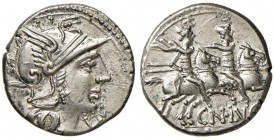 Lucretia - Cn. Lucretius Trio - Denario (136 a.C.) Testa di Roma a d. - R/ I Dioscuri a d. - B. 1; Cr. 237/1 AG (g 3,88) Piccola screpolatura sulla gu...
