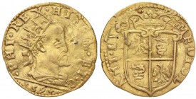 MILANO Filippo II (1556-1598) Doppia 1593 (stemma con aquila dalle ali aperte) - cfr. MIR 301/10 AU (g 6,65) RR Frattura interna e ondulazione del ton...