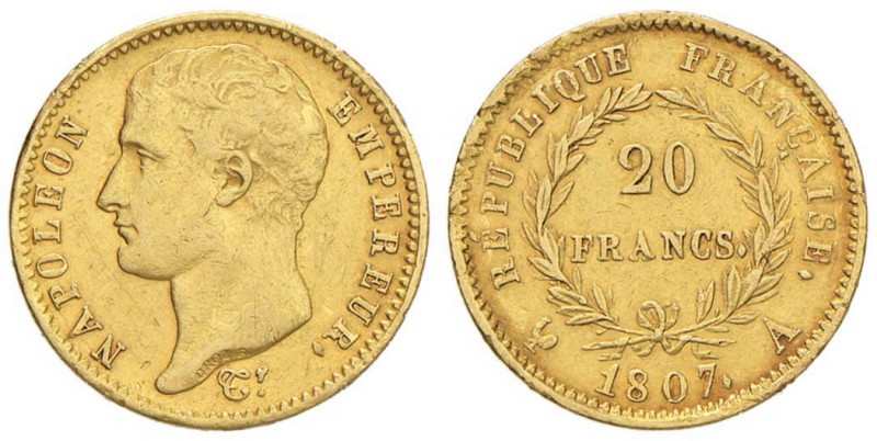 FRANCIA Napoleone (1804-1814) 20 Franchi 1807 A - Gad. 1024 AU (g 6,44) Graffiet...