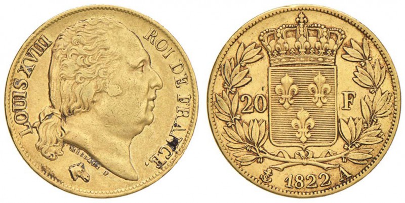 FRANCIA Luigi XVIII (1815-1824) 20 Franchi 1822 A - Gad. 1028 AU (g 6,43) Deposi...