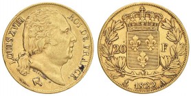 FRANCIA Luigi XVIII (1815-1824) 20 Franchi 1822 A - Gad. 1028 AU (g 6,43) Depositi
BB/qSPL