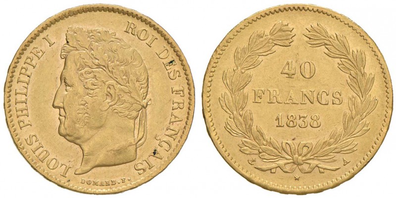 FRANCIA Luigi Filippo (1830-1848) 40 Franchi 1838 A - Gad. 1106 AU (g 12,92) 
B...