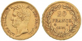 FRANCIA Luigi Filippo (1830-1848) 20 Franchi 1831 A leggenda in rilievo - Gad. 1030a AU (g 6,42) 
BB/qBB