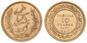 TUNISIA 10 Franchi 1891 - Fr. 13 AU (g 3,22) Colpetto al bordo 
qBB