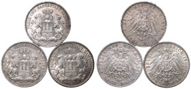 Germany: Free Hanseatic city of Hamburg 1909 J Lot of 3 Silver 3 Marks Various conditions