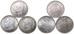 Germany: Grand Duchy of Baden Friedrich II 1912 G Lot of 3 Silver 3 Marks Various conditions