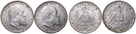 Germany: Kingdom of WÃ¼rttemberg Wilhelm II 1909 F Lot of 2 Silver 3 Marks Various conditions