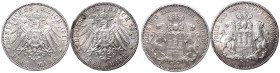 Germany: Free Hanseatic city of Hamburg 1911 J Lot of 2 Silver 3 Marks Various conditions