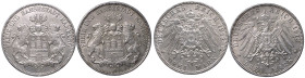 Germany: Free Hanseatic city of Hamburg 1913 J Lot of 2 Silver 3 Marks Various conditions