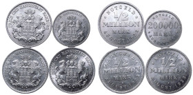 Germany: Federal state of Hamburg Weimar Republic August 1923 Aluminium Notgeld 3x 1/2 Million Mark, 1x 200000 Mark