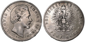 Germany: Bavaria Ludwig II 1876 D Silver 5 Mark Good Very Fine