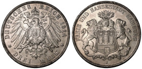 Germany: Free Hanseatic city of Hamburg 1914 J Silver 3 Mark As Struck