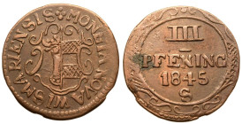 Germany: City of Wismar Friedrich Franz I 1845 IZ Copper 3 Pfennig About Extremely Fine