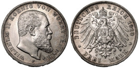Germany: WÃ¼rttemberg Wilhelm II 1910 F Silver 3 Mark