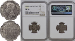 Spain Alfonso XIII 1904 PCV Silver 50 Centimos NGC AU 58