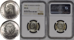 Sweden Gustaf V 1946 TS Silver 1 Krona Single Finest NGC MS 66