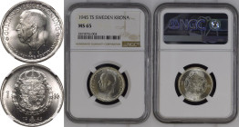 Sweden Gustaf V 1945 TS Silver 1 Krona TS with hooks NGC MS 65