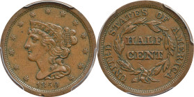 1850 Braided Hair Half Cent. C-1. Rarity-2. EF-45 (PCGS).